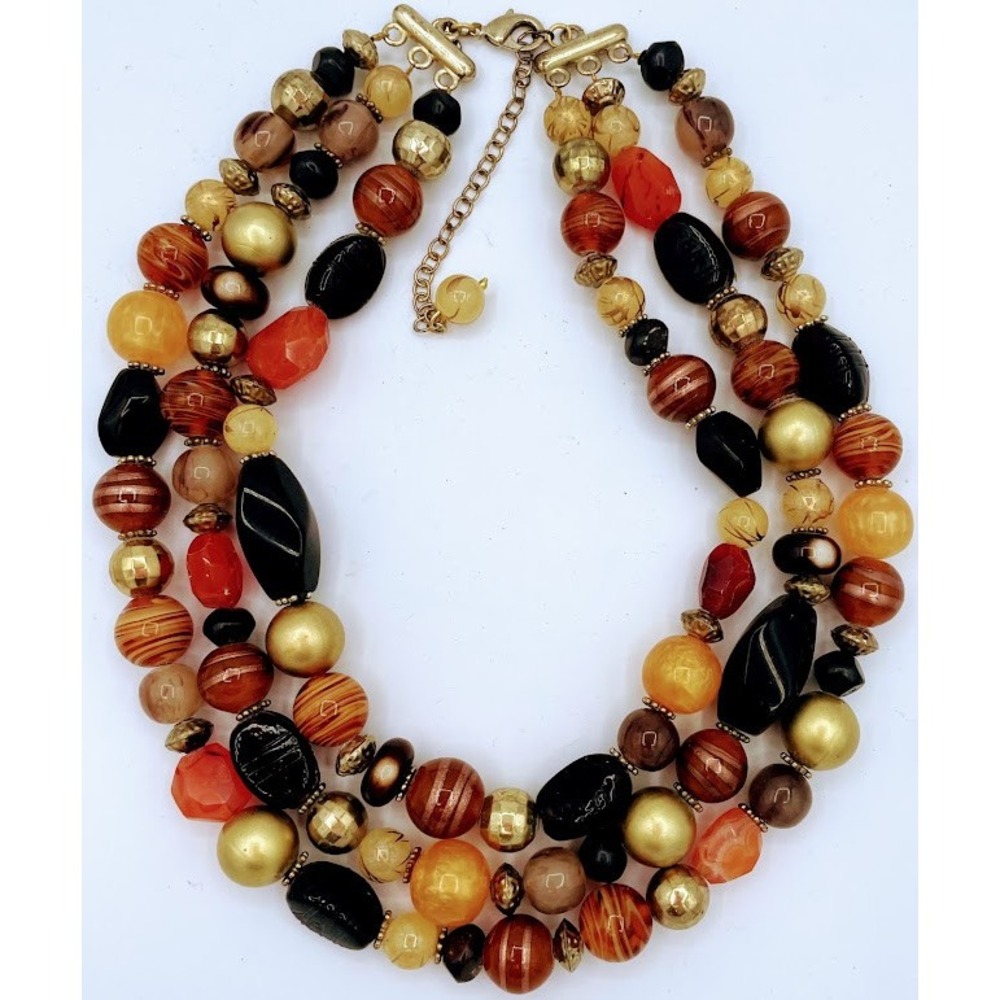 Chico's Beaded Necklace Women Gold Orange Brown Black Multi Strand Statement
